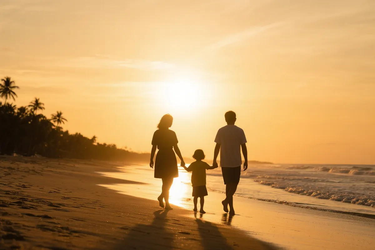 一家人在海边日落下散步，准备前往度假的温暖场景